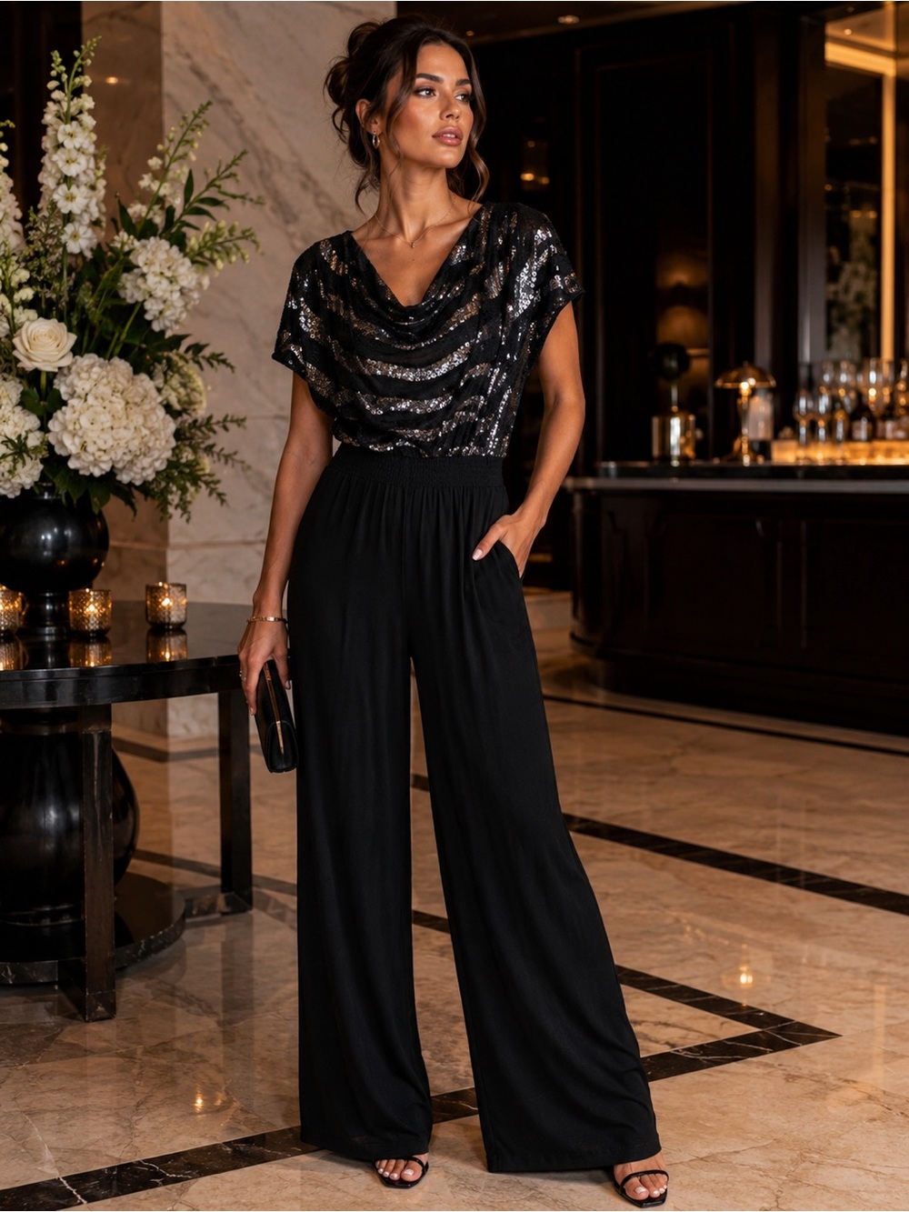 I.N. Studio Black Silver Sequin Wide Leg Jumpsuit Medium Evening Glam
